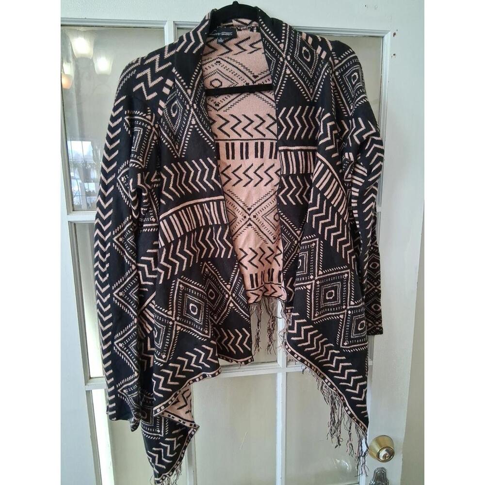 Love University Women's L Aztec Tribal Knit Sweater Cardigan Open Long Sleeve F1